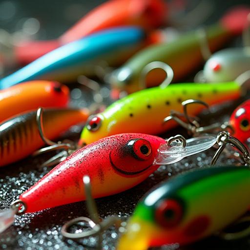 Varietà di esche artificiali colorate, minnow, jig, soft baits